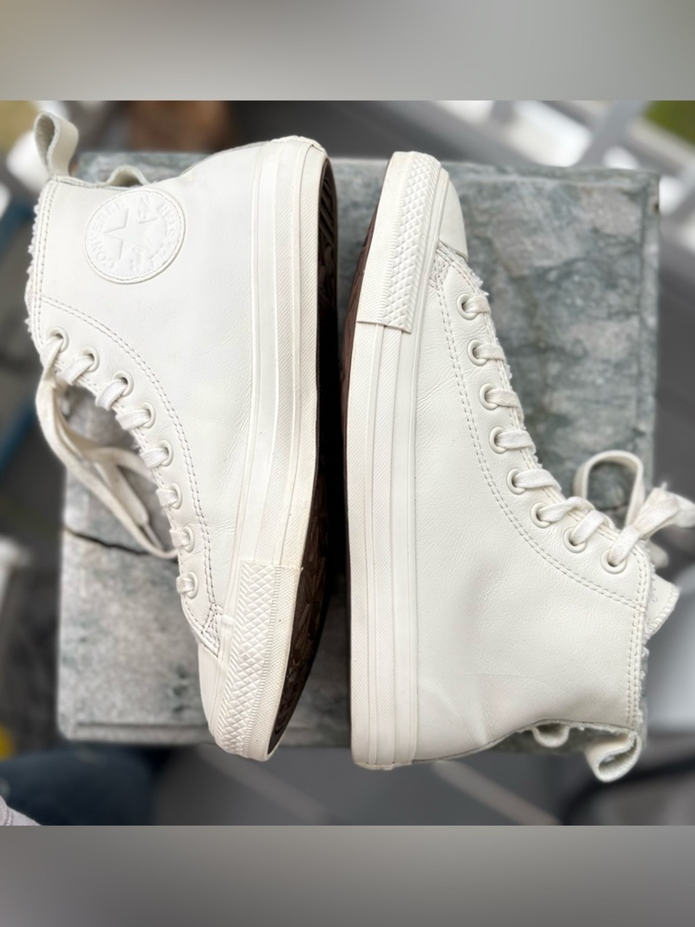 Converse White Leather High Top Sneakers w/ Sherpa Lining Cozy Clean - Picture 2 of 7